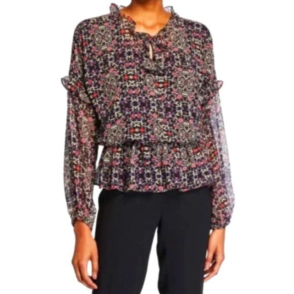 Misa Los Angeles‎ Vera Floral Long-Sleeve Ruffle Blouse Black Size Small